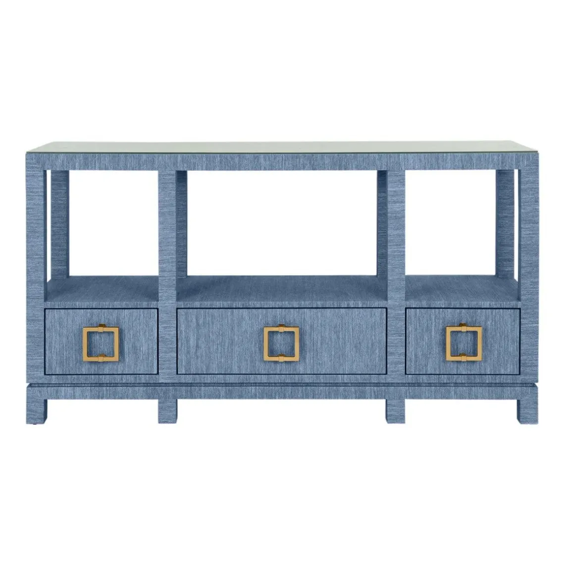 Matthew Izzo Home Campbell Light Blue Grasscloth Two Tier, Three Drawer Console Table With Glass Top and Satin Brass Hardware
