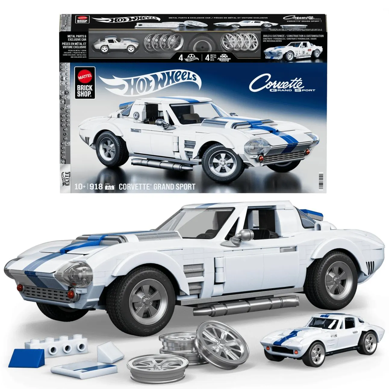 Mattel Brick Shop Hot Wheels Corvette Grand Sport Building Toy Kit (918 Pieces), For Collectors