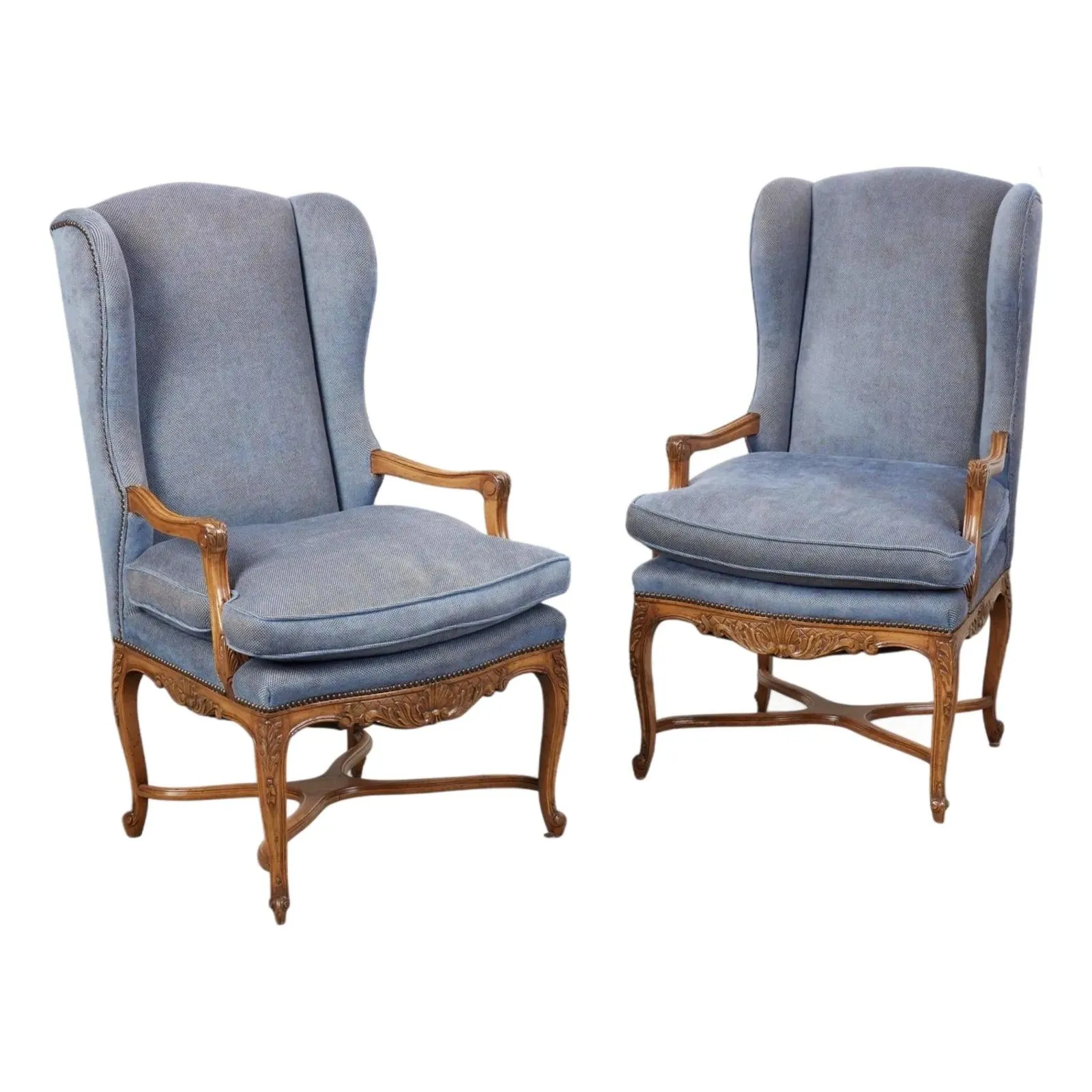 Pair of Early 19th C Style Regence French Walnut Wingback Armchairs Fauteuils