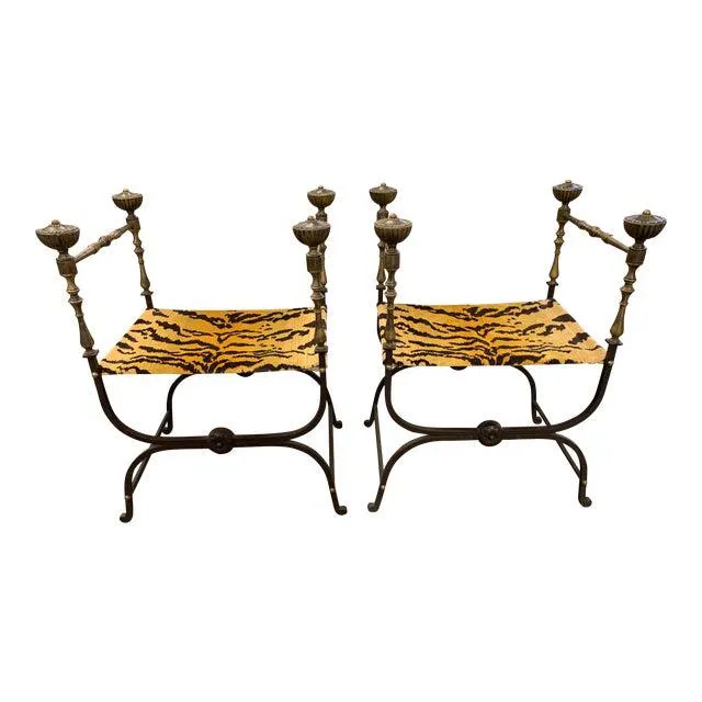 Vintage Scalamandre Tiger Savonarola Benches- a Pair