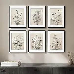 Framed Boho Vintage Botanical Wall Art, Set of 6 Black and White Floral Canvas Painting Prints with Mat for Farmhouse Living Room, Neutral Rustic Flower Artwork for Kitchen Bedroom Home Decor, 11x14