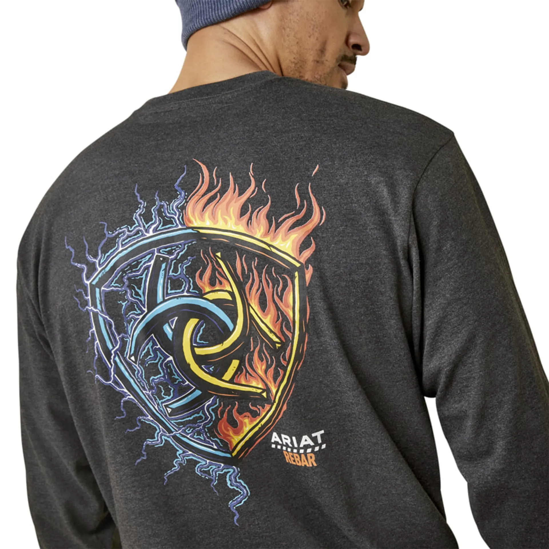 Ariat Men's Charcoal Heather Rebar Cotton Strong Shock Fire Graphic Long Sleeve Pocket Tee