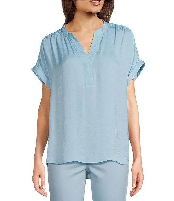 Moonshadow Satin Split Round Neck Dropped Short Roll Tab Sleeve Hi-Low Shirttail Blouse