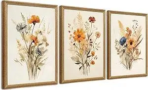 Framed Vintage Wildflower Canvas Wall Art Floral Set of 3 Country Farmhouse Watercolor Flowers Prints Rustic Wood Frame Botanical Artwork Poster for Bedroom Living Room Girls Room Decoration 12" x 16"