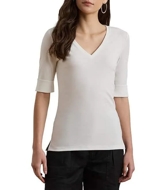 Stretch Cotton V-Neck Elbow Length Sleeve T-Shirt