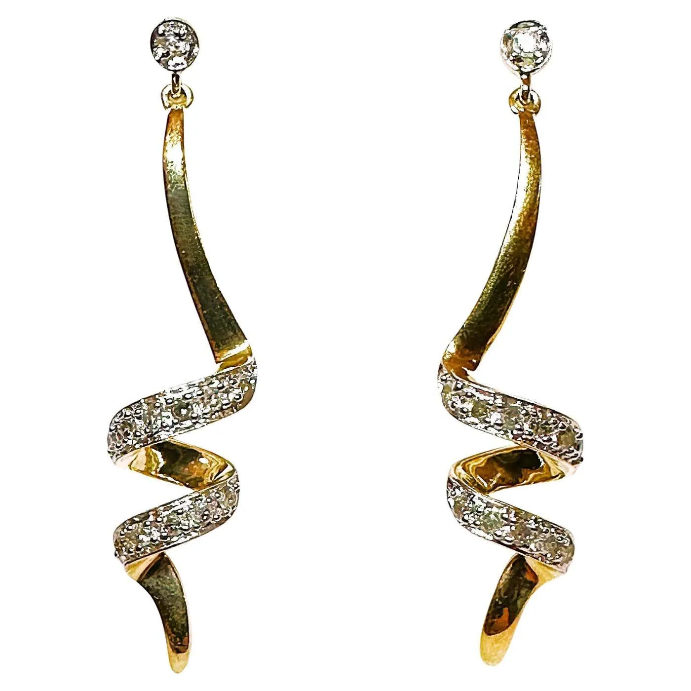 10K Yellow Gold and Diamond Swirl Dangle Post Earrings With 14k Backs