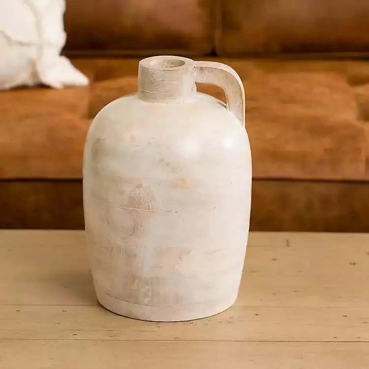 Whitewashed Mango Wood Vase with Handle