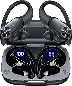 PocBuds Bluetooth Headphones Wireless Earbuds 80hrs Playtime Wireless Charging Case Digital Display Sports Ear Buds with Earhook Deep Bass IPX7 Waterproof Over-Ear Earphones for TV Phone Laptop Black