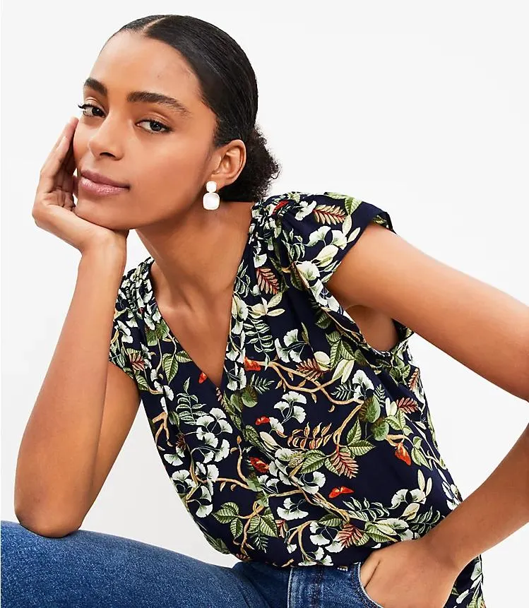 Leafed Smocked Shoulder Flutter Sleeve Top