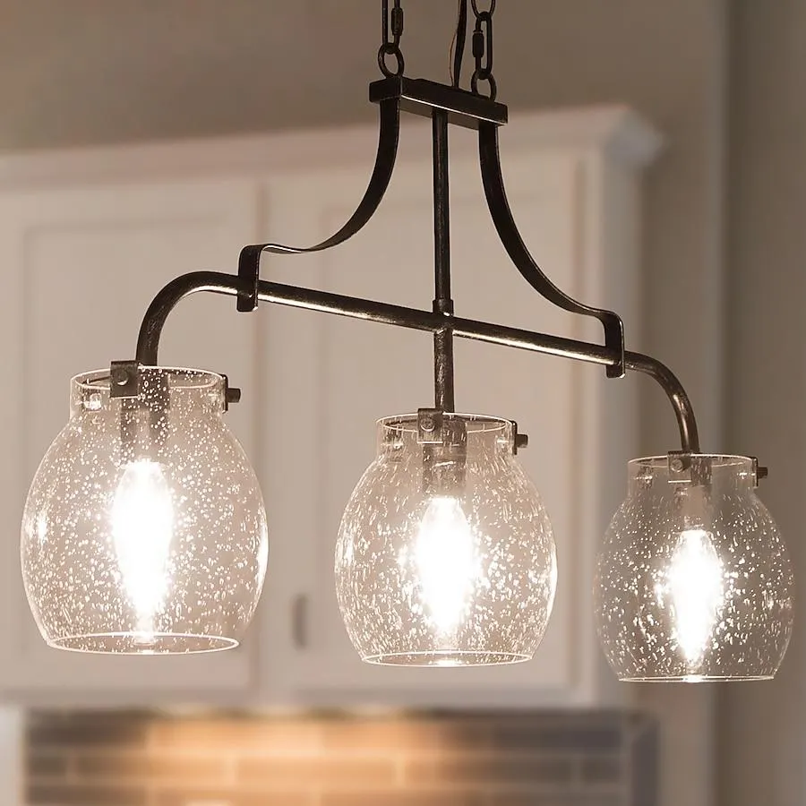 LNC Maison 3 -Light 3-Light Antique Mottled Black Large Modern/contemporary Seeded glass Linear Large Hanging Kitchen island light