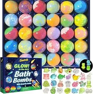 Bath Bombs for Kids with Surprise Inside, 30 Pack Kids Bath Bombs with Toys Glow in The Dark, Child-Safe Colorful Bubble Fizz Bath Ball Gift Set for Easter Egg, Birthday,Christmas
