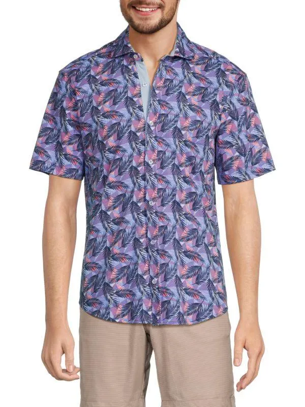 Short Sleeve Tropical Leaf Button Down Shirt
