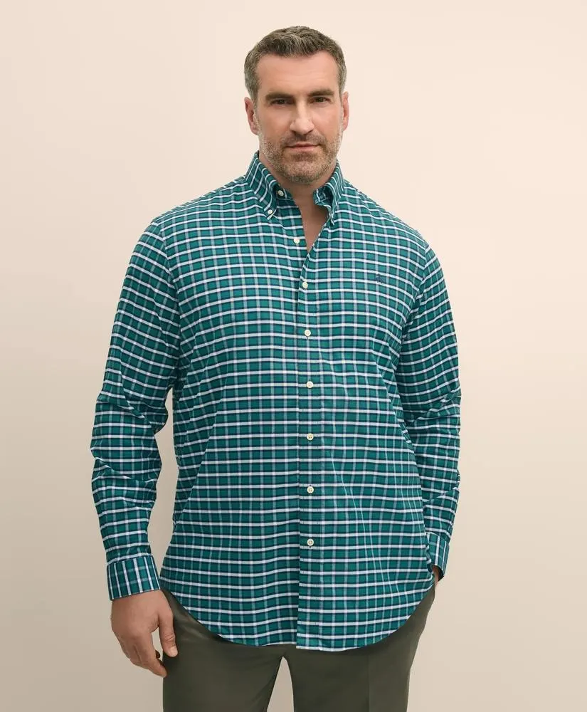 Big & Tall Stretch Cotton Non-Iron Oxford Polo Button Down Collar, Plaid Shirt