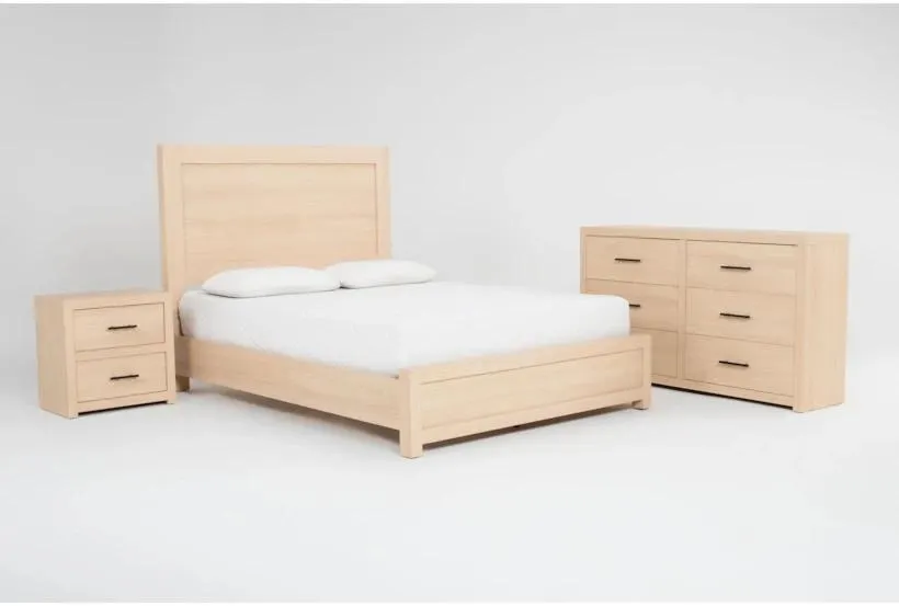 Merida II Natural Queen Panel Bedroom Set With Dresser & 2-Drawer Nightstand