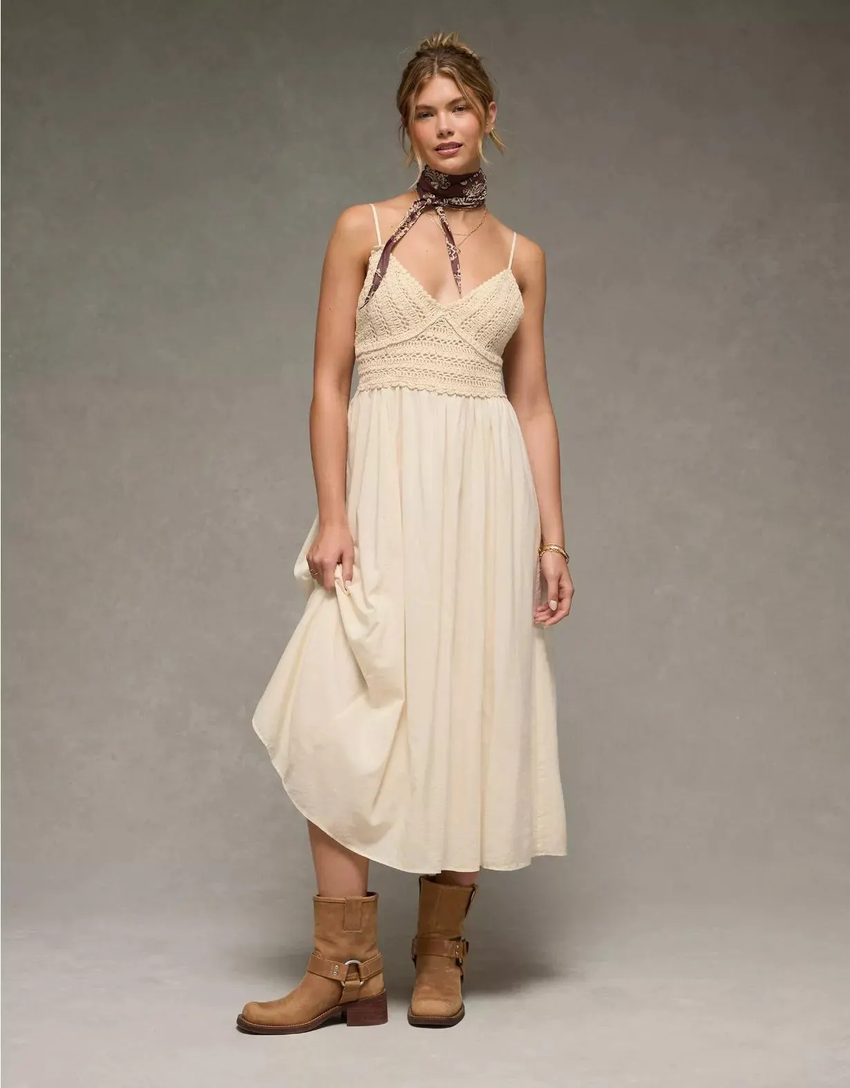 AE V-Neck Crochet Midi Dress