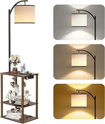 SUNMORY Floor Lamp with Table, End Table for Living Room with Lamp, Shelves Side Table with Charging Station(USB & AC Port), 3 Color Temperature LED Bulb, Modern Nightstand Lamp for Bedroom, Office