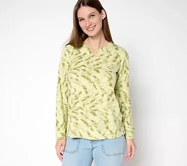 Denim & Co. Active Printed Textured Cotton Split Neck Pullover