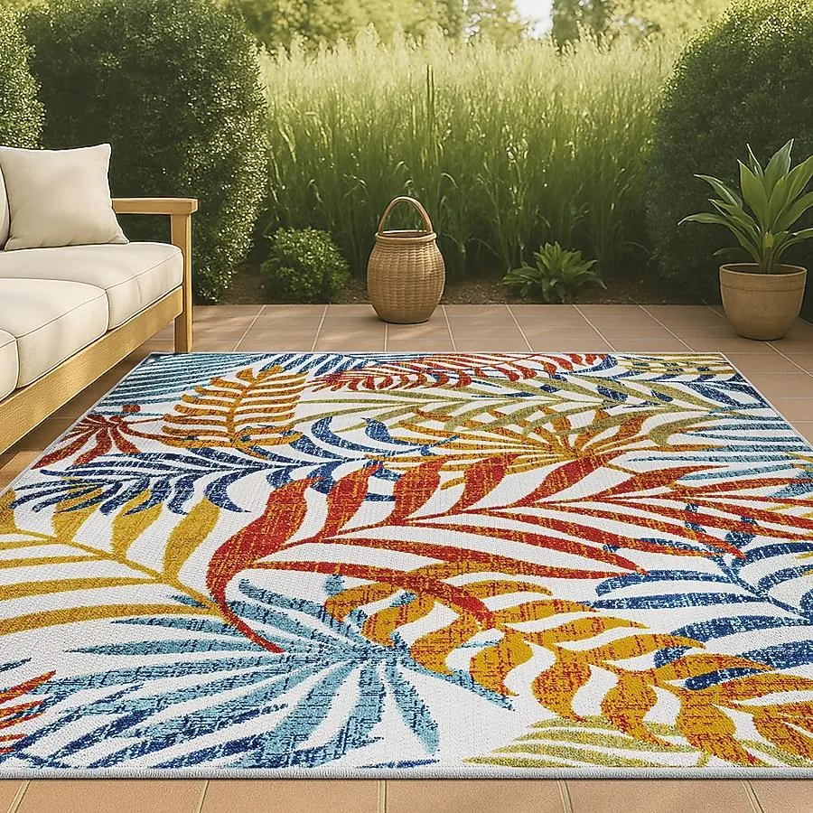 JONATHAN Y AMALFI COAST Tropics Palm Leaves 8 x 10 (ft) Loomed Cream/Orange Rectangular Indoor/Outdoor Floral/Botanical Coastal Pet Friendly Area rug