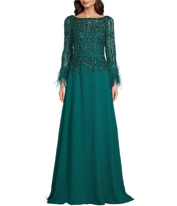 Cascade Beaded Boat Neck Feather Cuff Sleeve Belted A-Line Gown