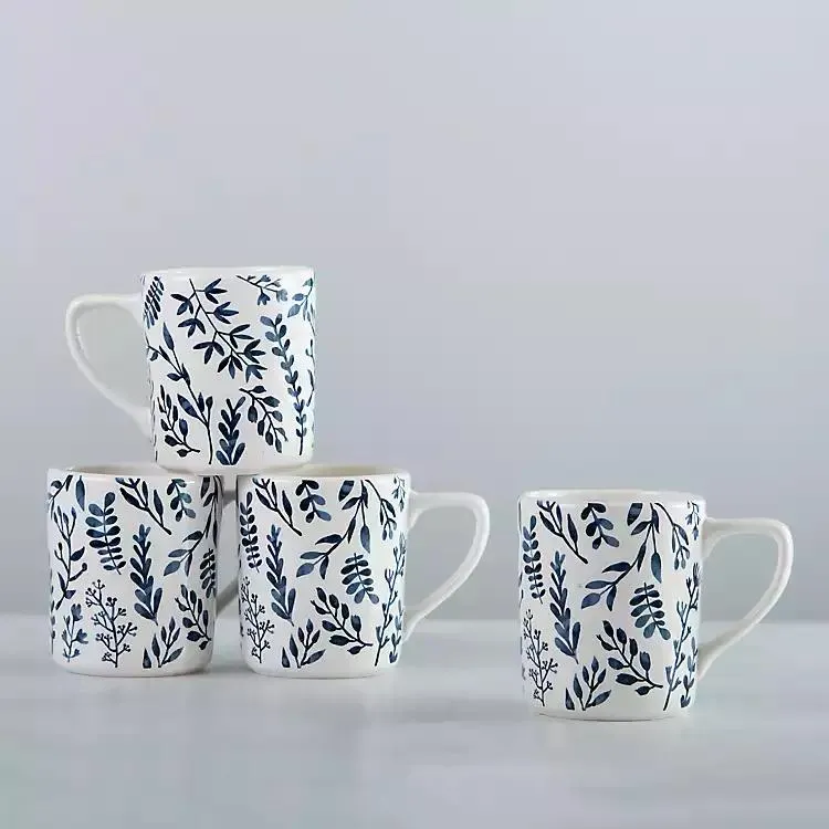 White and Blue Vines Mugs, Set of 4