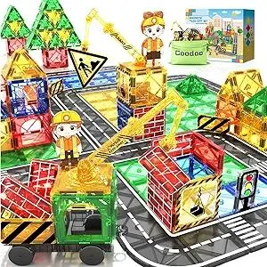 Kids Games Magnetic Tiles Road Set with Extendable Magnetic Crane, City Construction Building Toys for Toddlers STEM Preschool Ages 4-6 5-7, Gifts for 3+ Year Old Boys Girls Kids Toys with Car