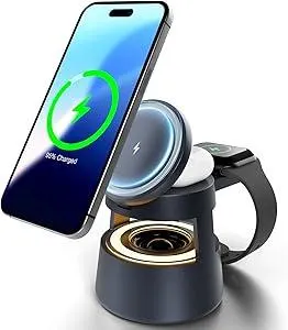Wireless Charging Station for Magsafe: 5 in 1 Charger Stand with Bluetooth Speaker Nightlight, for iPhone 16e 16 15 14 13 12 Pro Max, for Apple Watch Ultra and AirPods Series Nightstand Travel Bedside