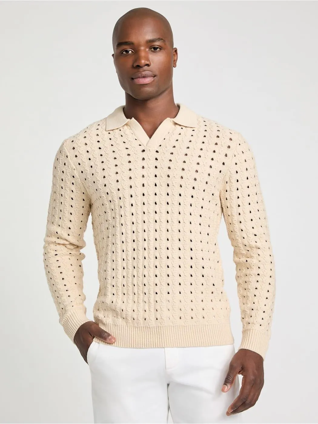 Open-Knit Polo Sweater