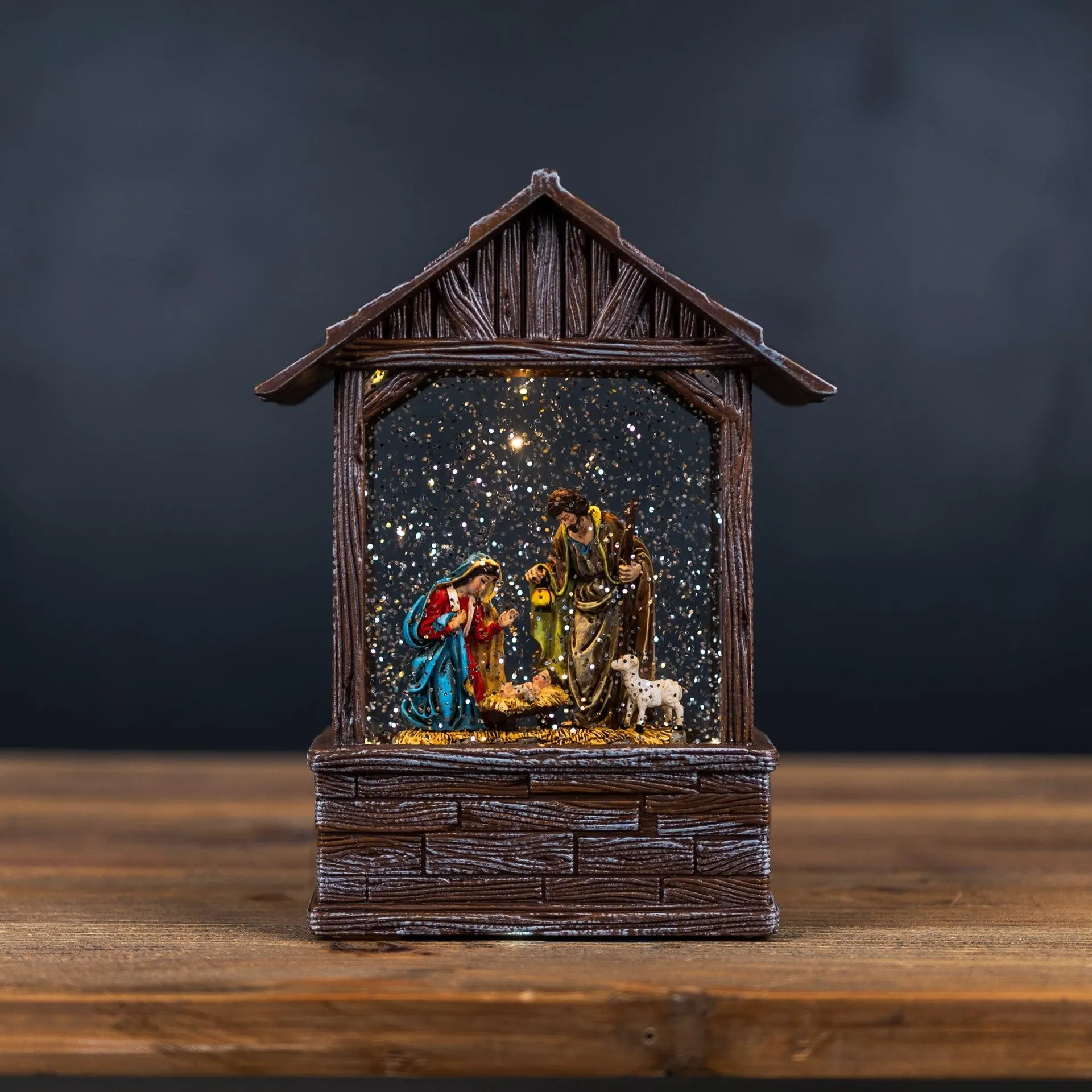 LED Snow Globe Nativity Barn 8.25"