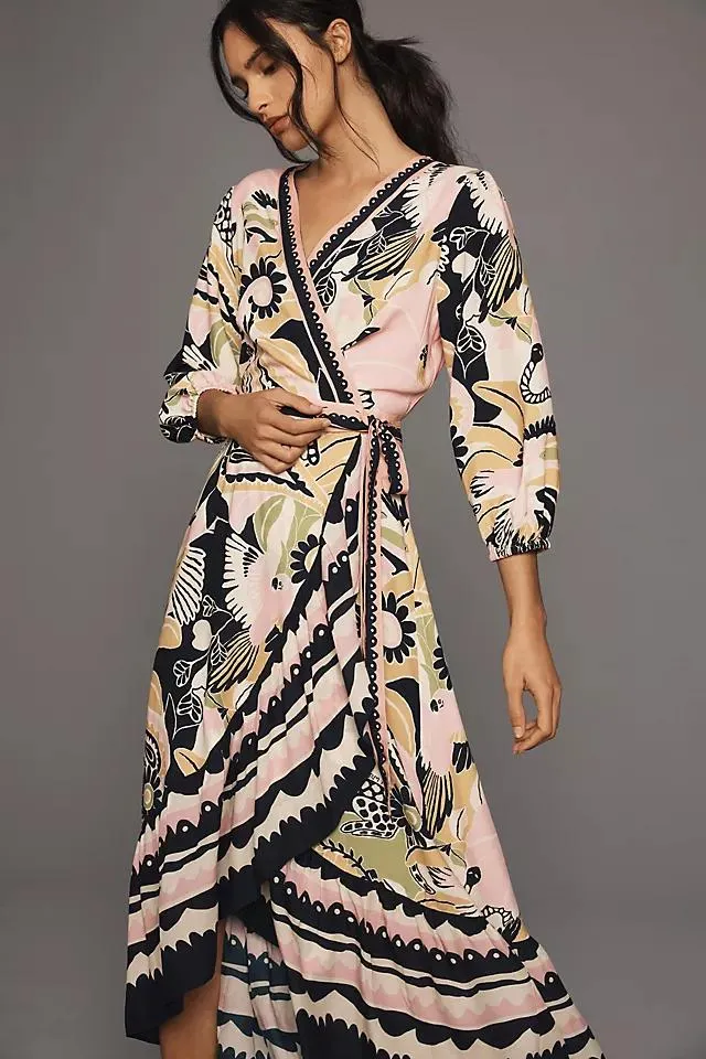 Farm Rio Long-Sleeve V-Neck Wrap Midi Dress