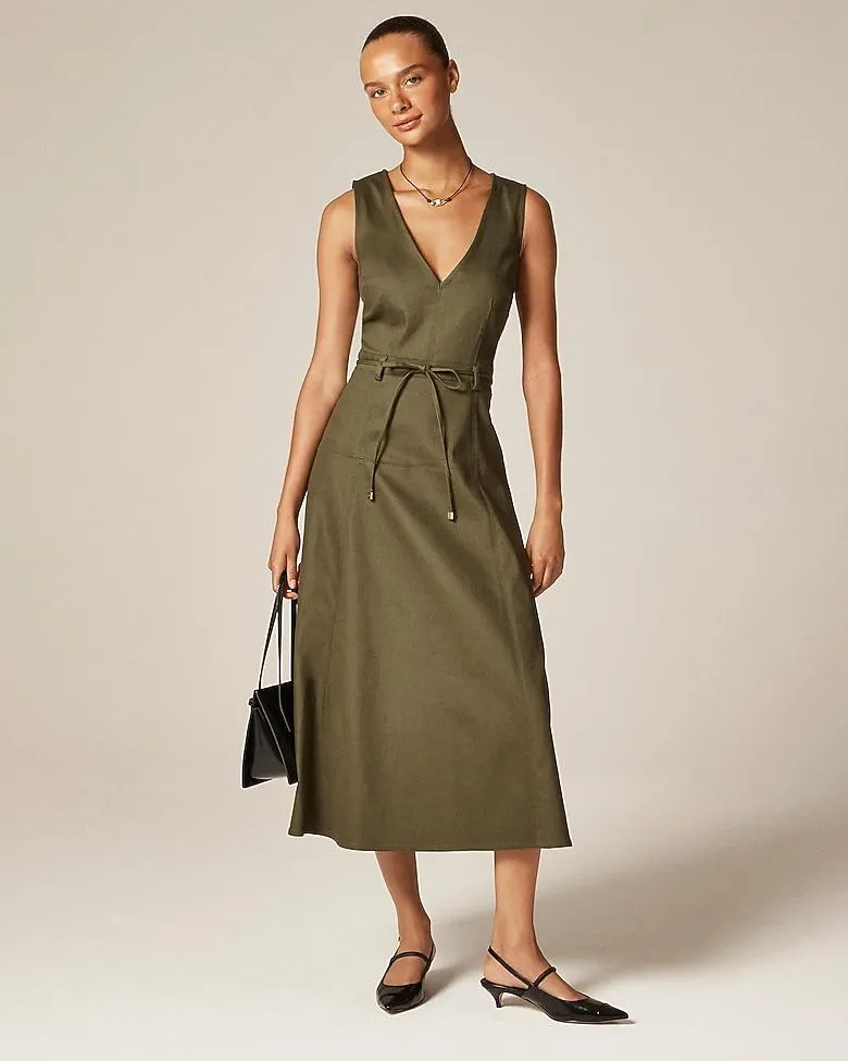 Seamed tie-waist dress in tailored twill