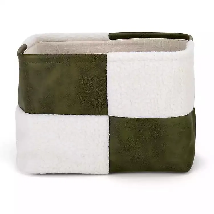 Olive Faux Leather Checker Shearling Bin