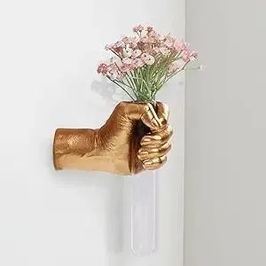 Gold Wall Sculptures, Hand Vases Home Decor, Wall Mount Art Sculpture, Unique Wall Art Statue, Funky Flower Vase Decorations, Modern Eclectic Hanging Decor,Glass Test Tube Vase