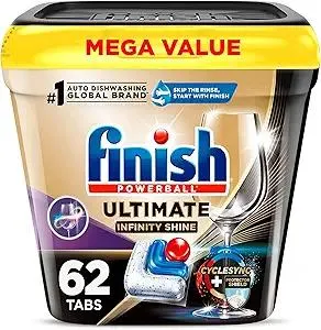 Finish Ultimate Infinity Shine Dishwasher Pods, No Pre-Rinse Dishwasher Detergent Soap Removes Burnt-On Stain, with Protector Shield & CycleSync Technology, Degreasing & Scrubbing Power, 62 Count
