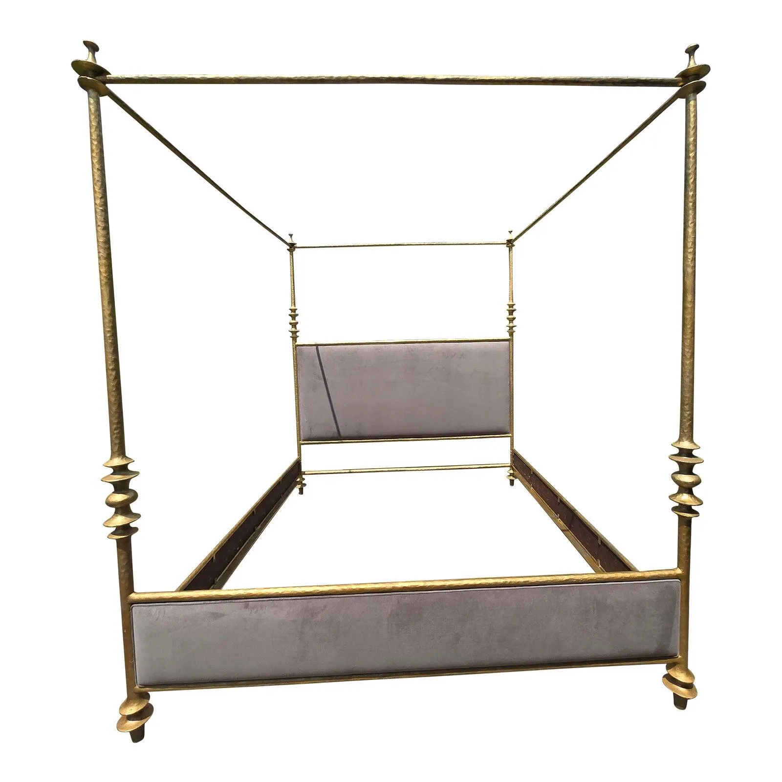 Bespoke Henredon 1945 Collection Lafayette Solid Iron Gold Gray Velvet Upholstered King Canopy Bed