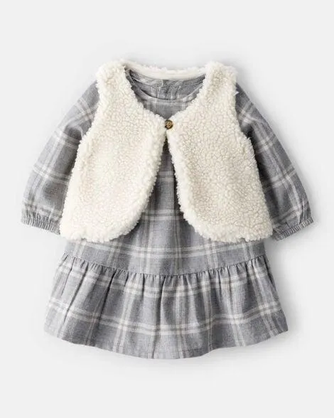 Baby Girl 2-Piece Plaid Sherpa Vest & Dress Set