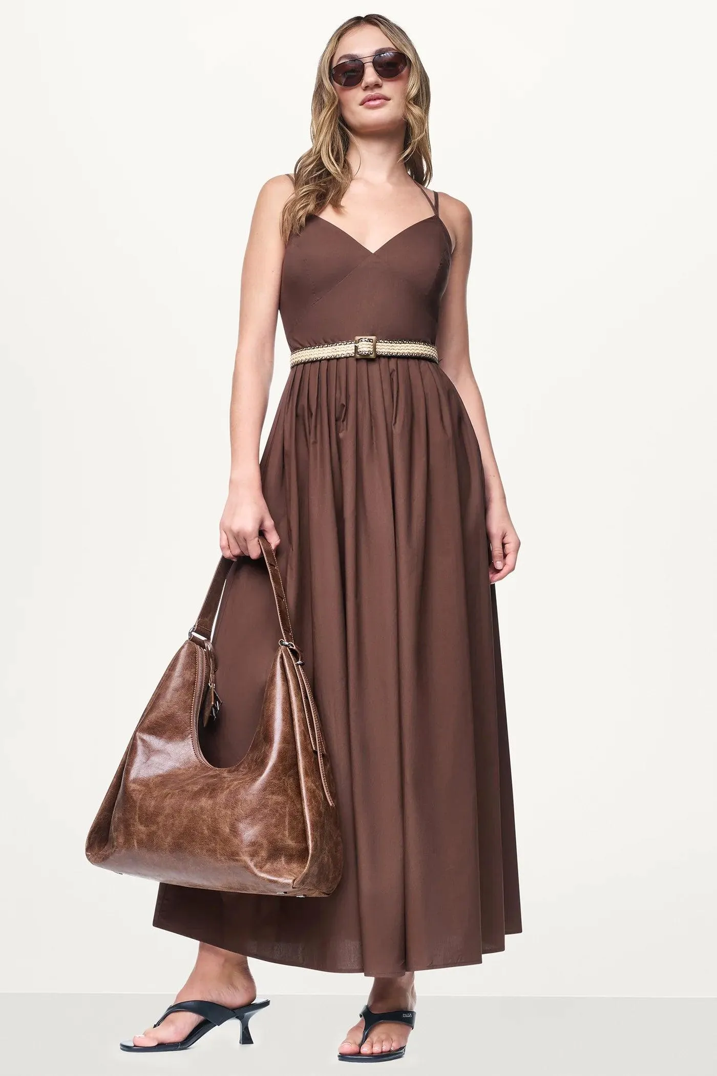 STRAPPY V-NECK MAXI DRESS WITH RAFFIA BELT