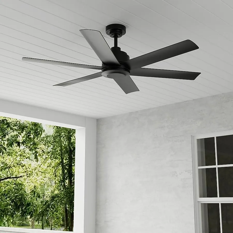 Harbor Breeze Greystone 52-in Matte Black with Matte Blades Uncovered Outdoor Downrod or Flush Mount Ceiling Fan Without Light 6 -Blade
