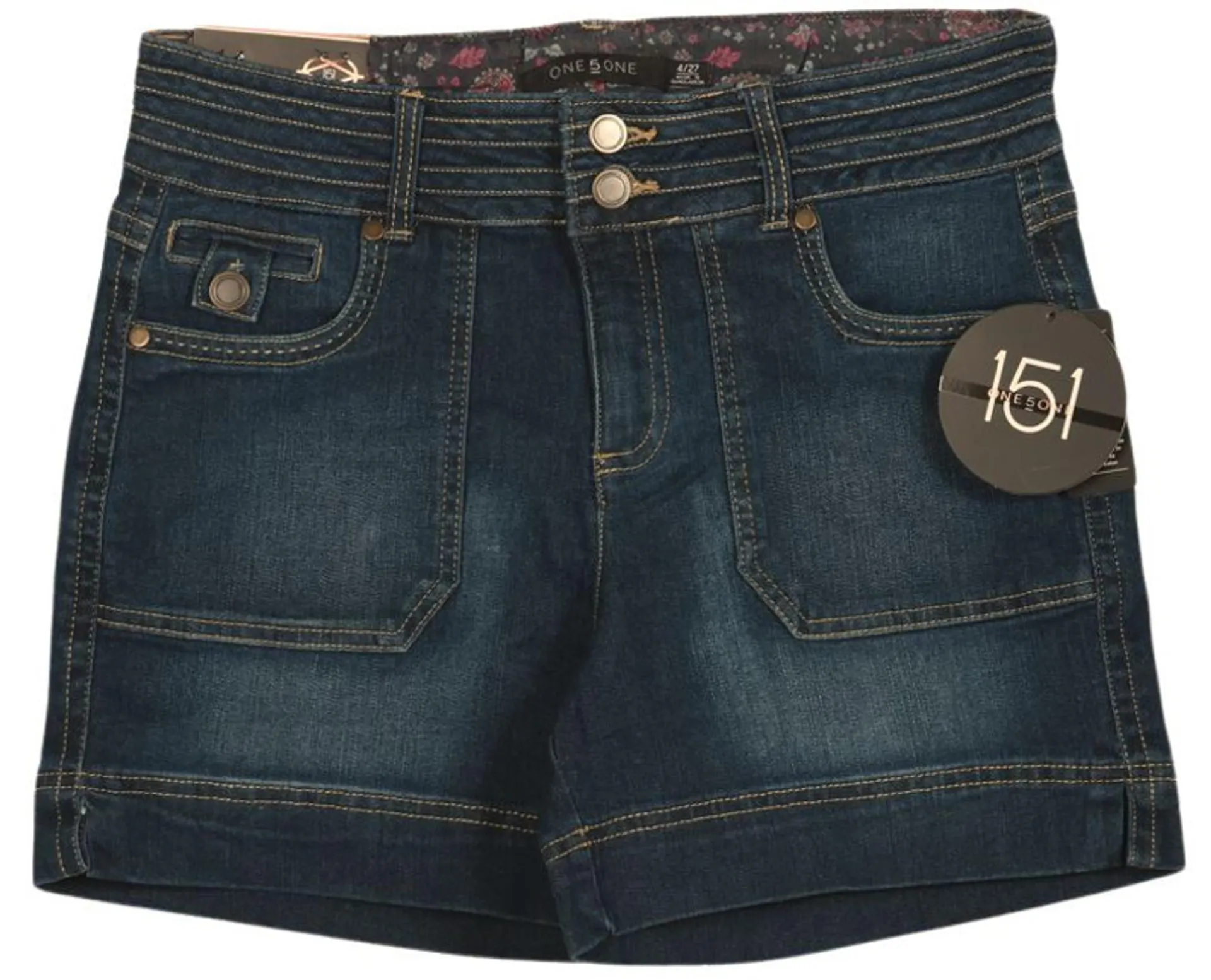 One 5 One Women's Dark Stonewash Double Button Shorts with Square Pockets & Paisley Waist Design