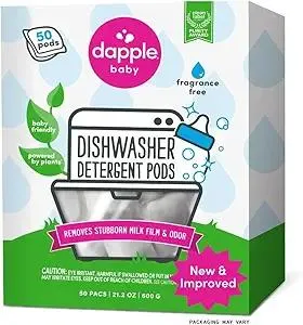 Dapple Baby Dishwasher Pacs, Hypoallergenic Dishwasher Pods Powered by Plants, Removes Milk Residue & Odor on Dishes, Baby Bottles & Kitchenware, Fragrance Free, 50 count