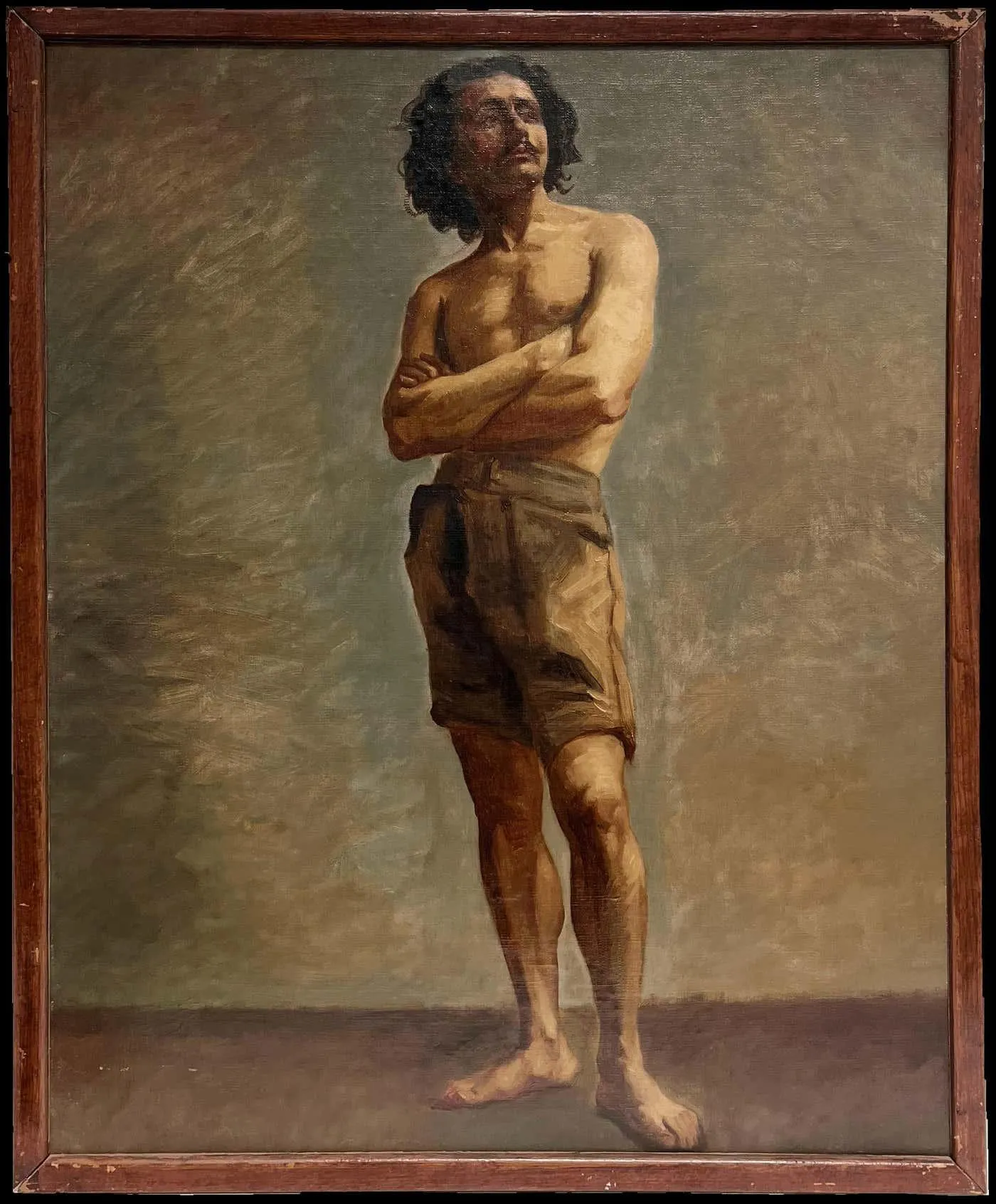 19th Century French Academic Oil Painting Semi Nude Man Posing for Artist