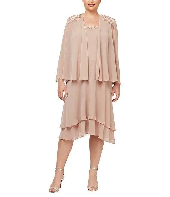 Plus Size Scoop Neck Long Sleeve Sequin Shoulder Midi Tiered Hem Jacket Dress