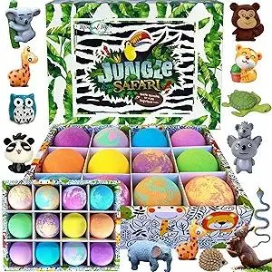 Bath Bombs for Kids with Surprise Inside, 12 Bubble Bath Fizzies with Jungle Animal Toys. Moisturizing, Gentle & Kids Safe, Rainbow Spa Bath Fizz, Birthday Gifts for Boys, Girls