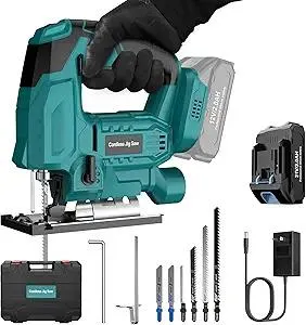 Cordless Jig Saw with Battery & Charger, Jigsaw Tool for Makita 18V Battery, with LED Light, Varible Speed, Bevel Angle (0°-45°), 3-Position Orbital Jig Saw for Wood PVC Metal Cutting