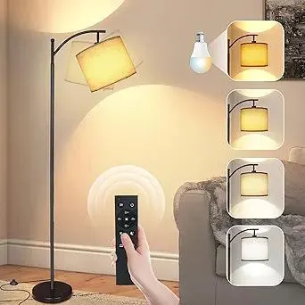 2025 LED Floor Lamps for Living Room, 12W 1200LM Modern Arc Floor Lamp with Remote & Adjustable Linen Lampshade, 12 Color Temperature Stepless Dimmable Tall Standing Lamp for Bedroom Office Reading