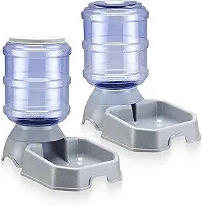 Automatic Pet Feeder & Waterer Set of 2 Pack, Self Feeding Replenish Dog Cat Bowls, Gravity Food & Water Storage Container Fountain Jug Pet Supplies Plastic Skid Proof Rubber Feet (Gery)