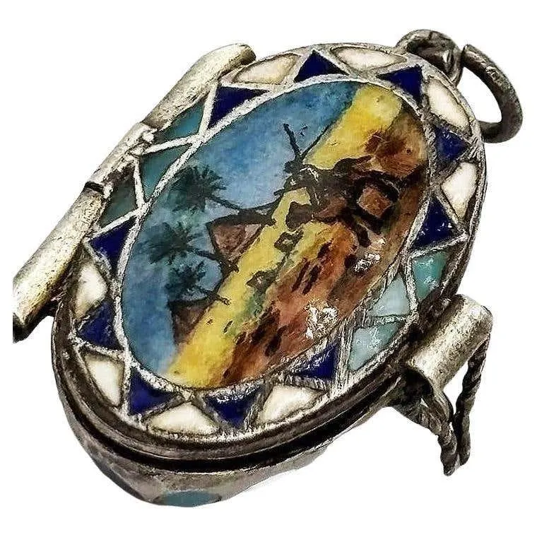 Egyptian Revival Sterling Silver Painted Enamel Locket w/ Gilded Gold Nude Mummy