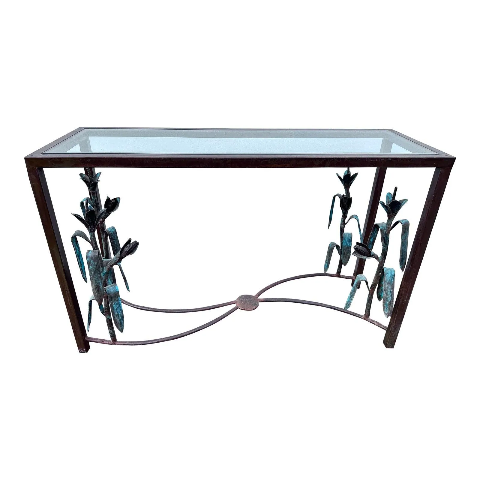 Sculptural Brutalist Bronze & Verdigris Tone Console Table Giacometti Style