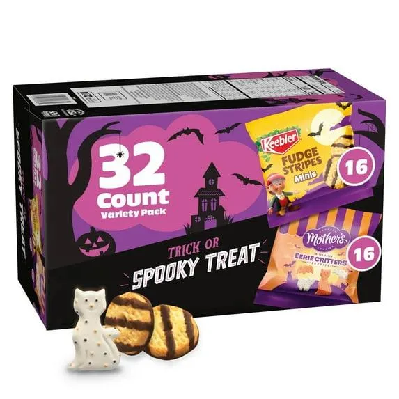 Mother’s Eerie Critters Frosted Animal Cookies and Keebler Fudge Stripes Minis , 32 Count Variety Pack, 0.5 oz Each
