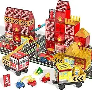 Magnetic Tiles for Kid, Construction Magnet Tiles with Fire Truck & Station, Building, Road, Crane, and Car Toys - Educational Travel Magnetic Tiles for Kids Ages 4-8, STEM Toys for 3+ Year Old