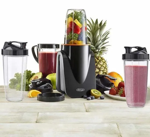 OMEGA MeGo Personal Blender Bundle with Bonus Cups and Lids BL1002BK23